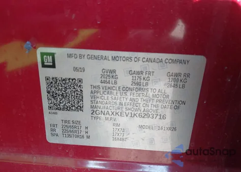 2019 Chevrolet Equinox Lt z USA, uszkodzony, nr VIN 2GNAXKEV1K6293716